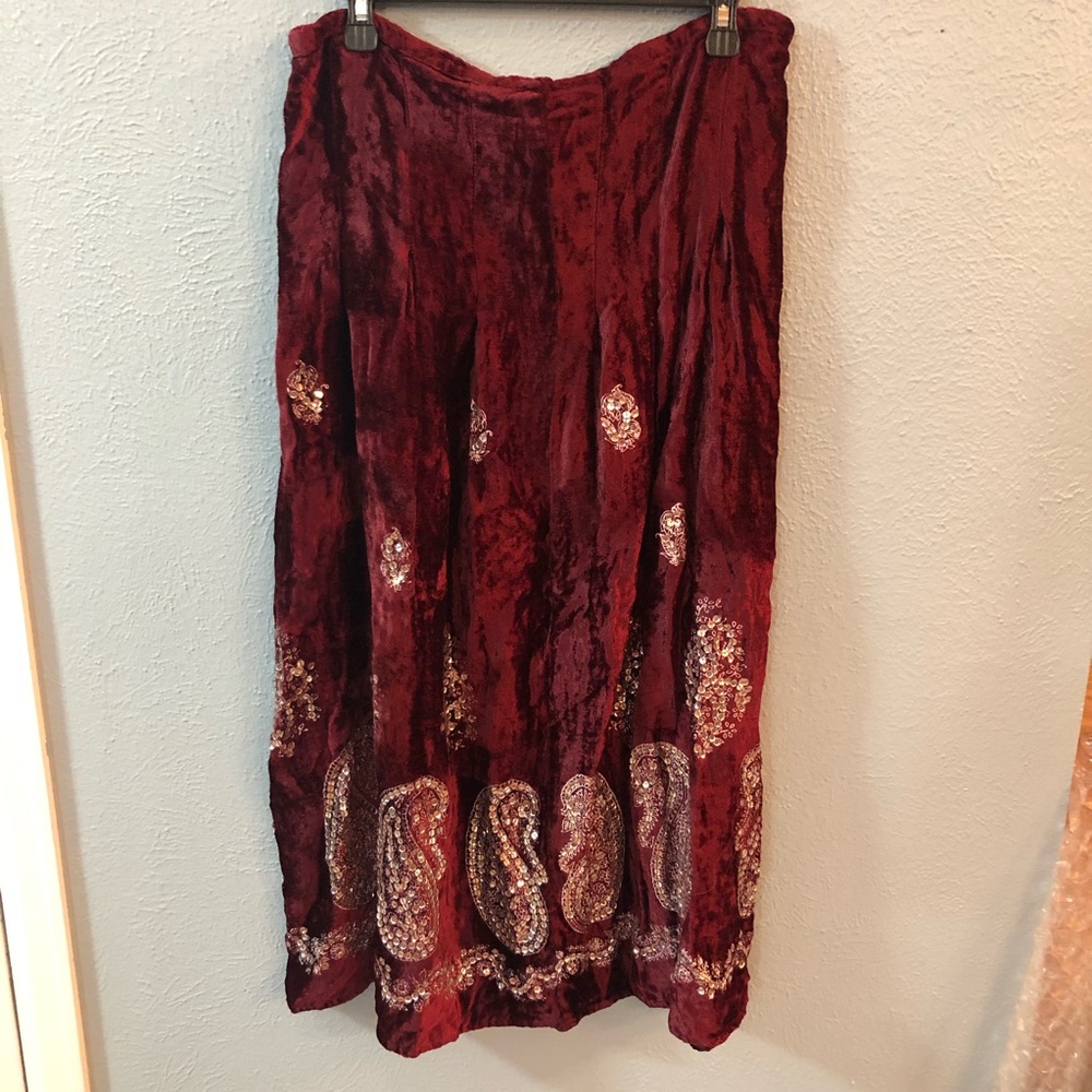 Boho burgundy velvet silver paisley skirt
